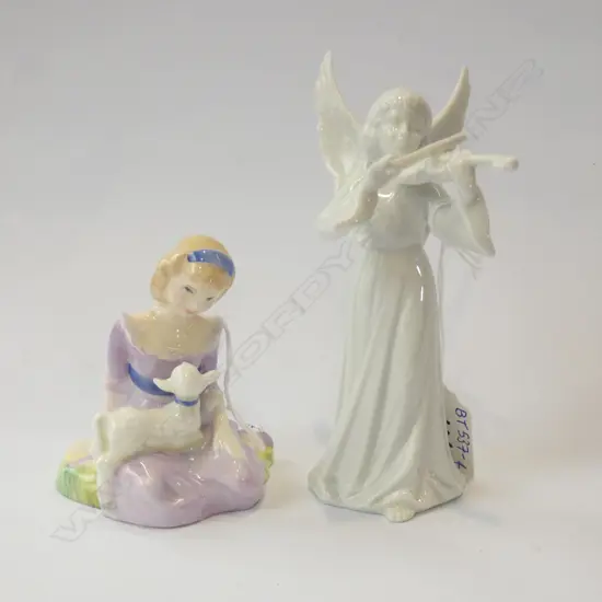 2 FIGURINES; ROYAL DOULTON 'MARY HAD A LITTLE LAMB' (H100MM) DRESDEN WHITE VIOLIN PLAYING ANGEL (H140MM)