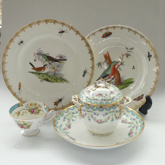 PR HAND FINISHED ANTIQUE PLATES + PLATE, SUGAR & SHELLEY CUP