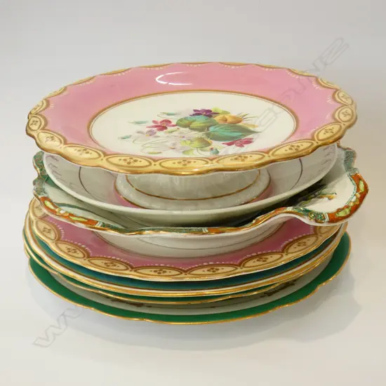 7 PCES ANTIQUE CHINA; 4 PLATES (1 AF), COMPORT, DISH & BOWL