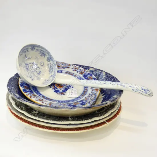 6 PCES ANTIQUE CHINA; 4 PLATES (SOME AF) + BOWL & LADLE