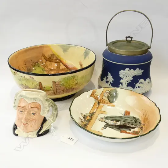 ROYAL DOULTON GAFFERS BOWL 230mm dia + PLATE & ADAMS BISCUIT TIN + R. DOULTON 'LAWYER' CHARACTER JUG