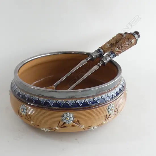 A Royal Doulton Lambeth stoneware salad bowl with pair of serves