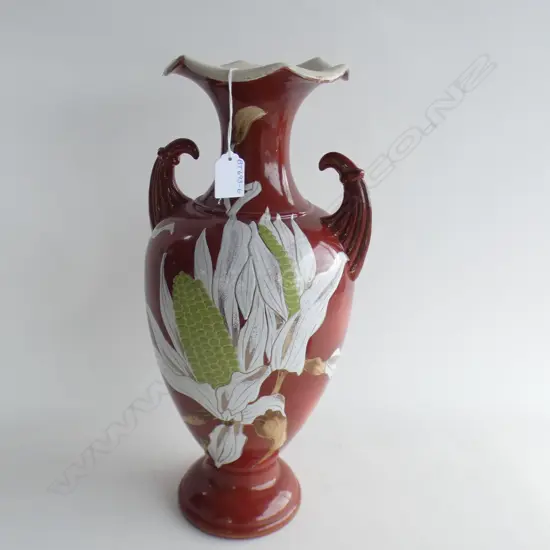 LG OLD RED VASE EMBOSSED & PAINTED CORN COBS H. 460MM
