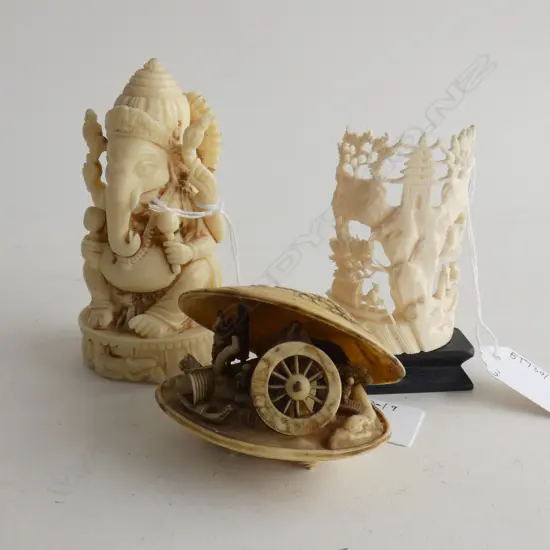THREE CARVED BONE & PLASTIC FIGURES, GANESH, SHELL SCENE & TEMPLE SCENE, LARGEST H. 105mm