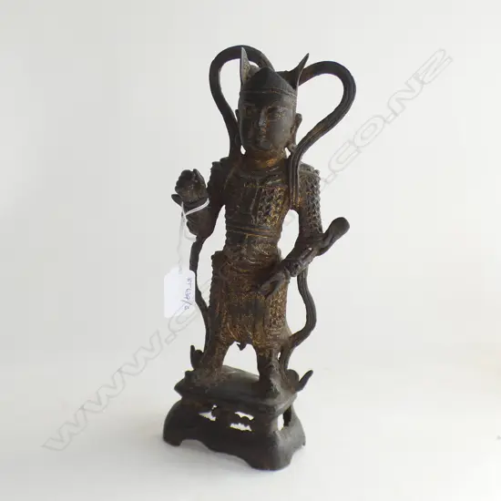 GILT BRONZE STATUE, STANDING WARRIOR, WITH REMNANT GILT