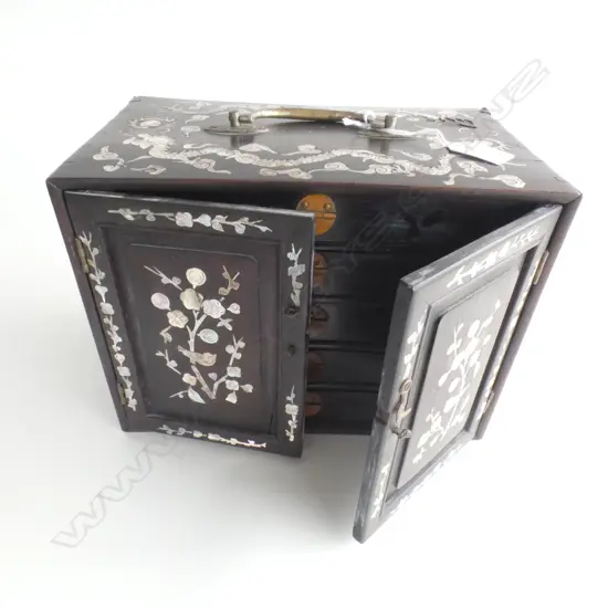 ORIENTAL HARDWOOD MOP INLAID BOXED MAHJONG SET WITH CASEIN TILES 270 X 170MM LIGHT DAMAGE TO LID