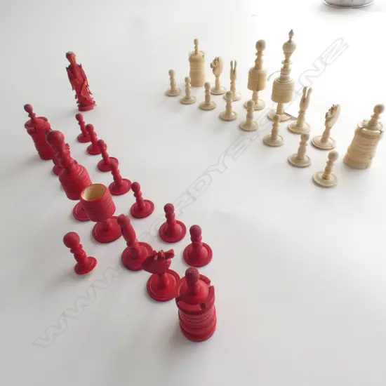 BONE CHESS SET; RED & UNDYED BONE AF...