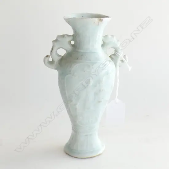 OLD CHINESE QINGBAI VASE (FISH HANDLES). rim chip