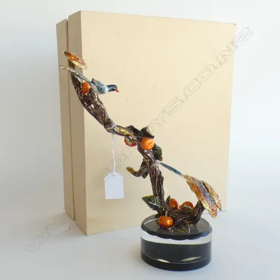 CHINESE ENAMELLED METAL SCULPTURE; 2 BIRDS ON BRANCH H.270mm w. BOX