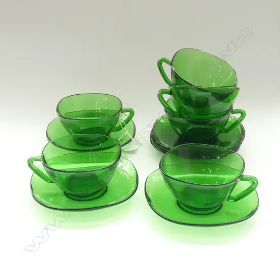 6 LARGE GREEN GLASS TEACUPS & SAUCERS 