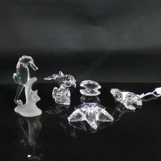 5 SWAROVSKI CRYSTAL SEA CREATURES; DOLPHIN (L64MM) SEAHORSE (H78MM)STAR FISH,OYSTER SHELL & SEAL  EACH IN ORIGINAL BOX 