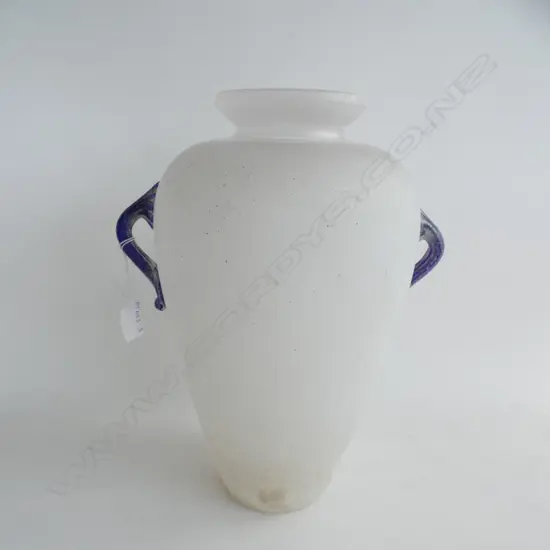 LG FROSTED GLASS URN VASE WITH ATTACHED BLUE GLASS HANDLES H  370MM