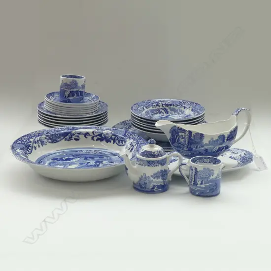 18 PCES SPODES ITALIAN; 6 CEREAL BOWLS, 2 COFFE CANS + 6 SAUCERS, SAUCE BOAT & SAUCER, SALT 'TEAPOT', LARGE BOWL 270mm