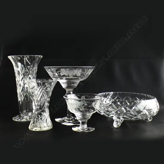 CRYSTAL; 2 VASES (LARGEST H 200MM) 2 GRADUATED FOOTED ETCHED BOWLS & CUT CRYSTAL BOWL (DIA  200MM)