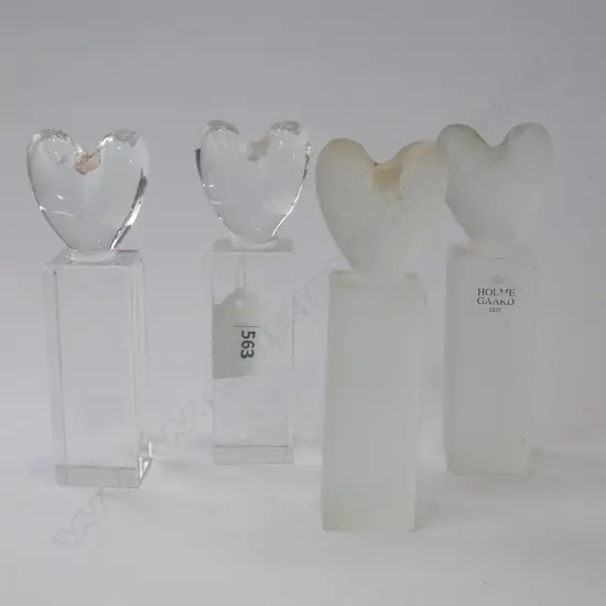 4 HOLME GAARD TAPER CANDLESTICKS 2 FROSTED 2 PLAIN HEART SHAPED TOPS 130MM H