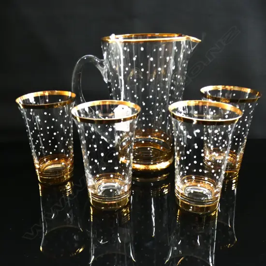 ELEGANT DECORATIVE GOLD RIMMED WATER SET JUG & 4 MATCHNG GLASSES