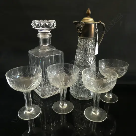 4 HOLLOW STEM GLASSES + PRESSED GLASS DECANTER & CLARET JUG H.270mm