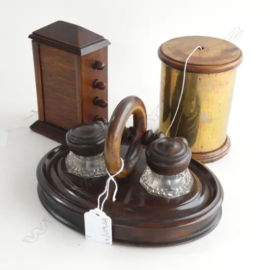 TREEN DOUBLE INKWELL, DESK CALENDAR, STRING HOLDER H.115mm
