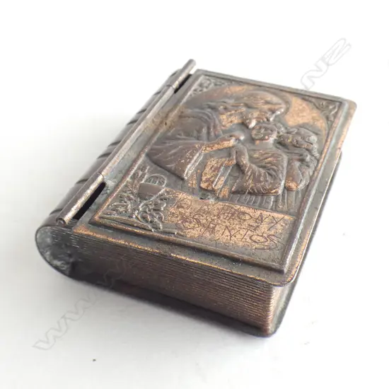 SM COPPER RELIGIOUS BOX IN FORM OF BOOK WITH JESUS & CHILDREN  50 X 40MM