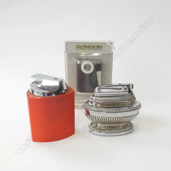 3 OLD LIGHTERS; RONSON VARAFLAME COMET IN BOX, QUEEN STAR ETC..