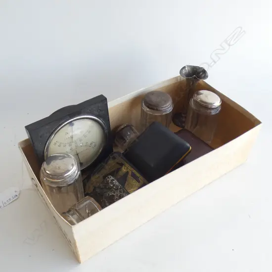 BOX LOT ASST. CRYSTAL CONTAINERS, 2 CASED CLOCKS, BAROMETER ETC
