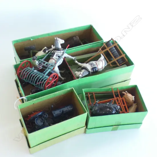 ASST. VINTAGE BRITONS LEAD TOY FARM CARTS IN ORIG. BOXES ETC