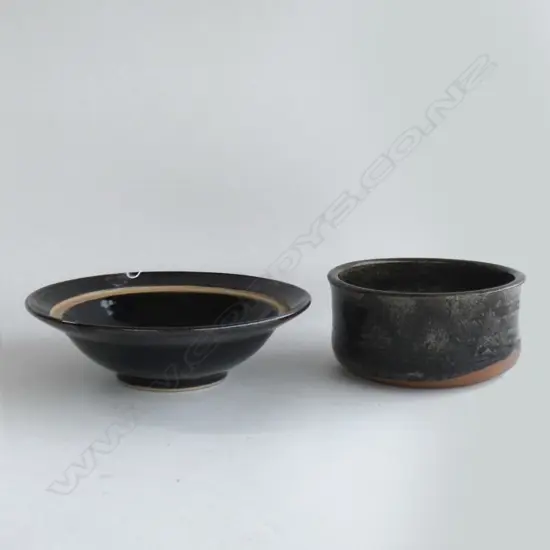 2 STAMPED STUDIO POTTERY BOWLS 270mm dia