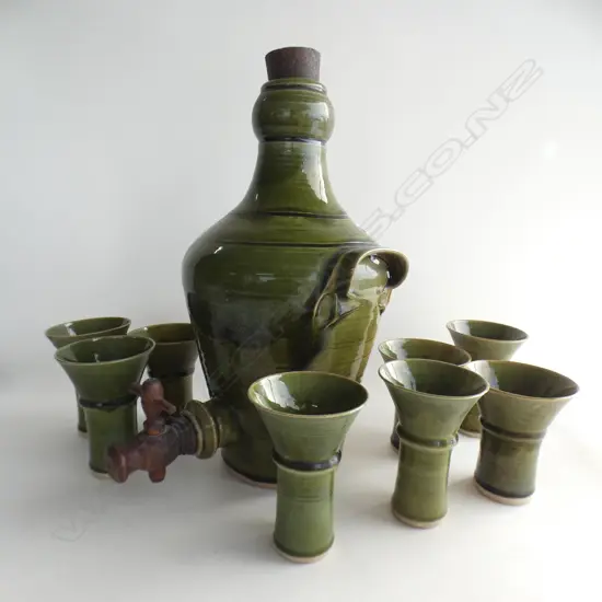 RICHARD CADNESS GREEN GLAZE FLAGON + 8 MUGS
