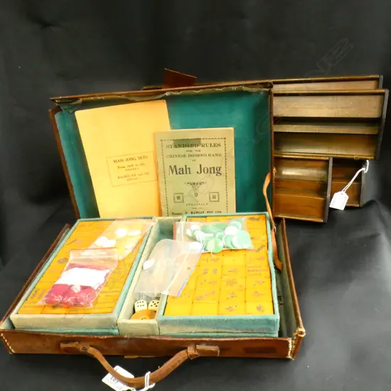 VINTAGE MAH JONG SET, CASED + 4 STANDS