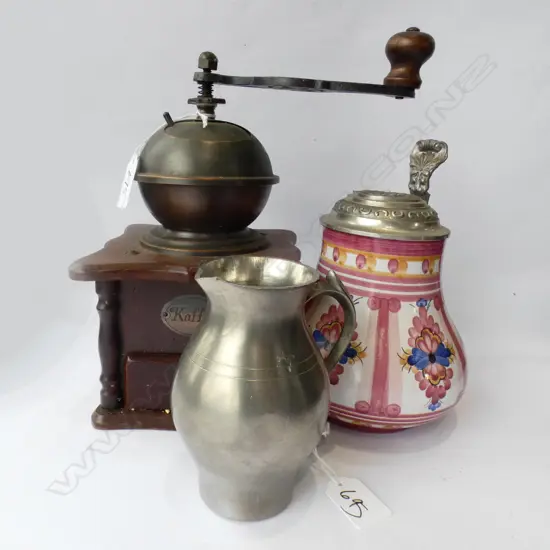 WOODEN & BRASS GERMAN COFFEE GRINDER + PEWTER JUG (H125MM) + LG HAND PAINTED GERMAN POTTERY LIDDED STEIN