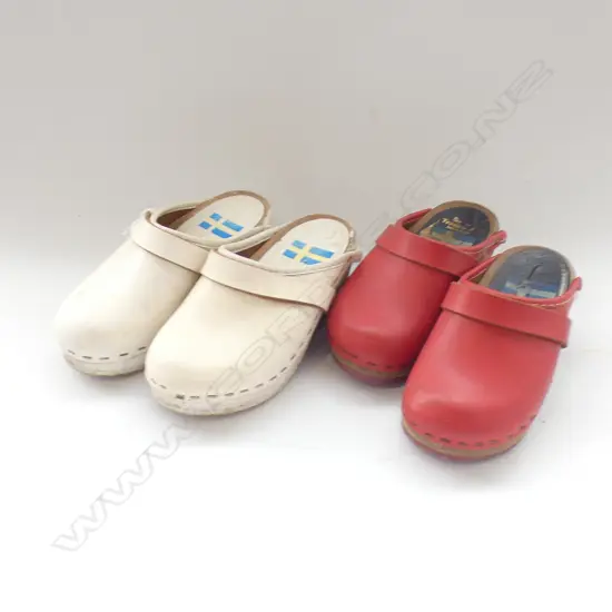 2 PR CHILDRENS WOODEN CLOGS; 1 RED & 1 WHITE