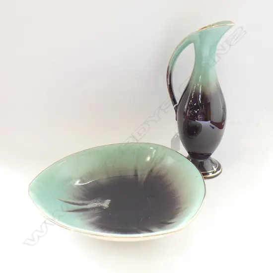 MID CENTURY GERMAN GREEN & BROWN GLAZED POTTERY JUG (H 260MM) & BOWL (DIA 260MM)