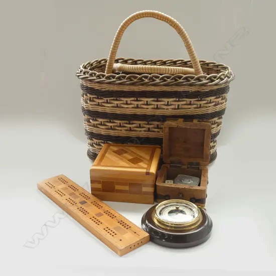 WOVEN SHOPPING BASKET OF MISC INCL NZ WOOD ITEMS ETC..