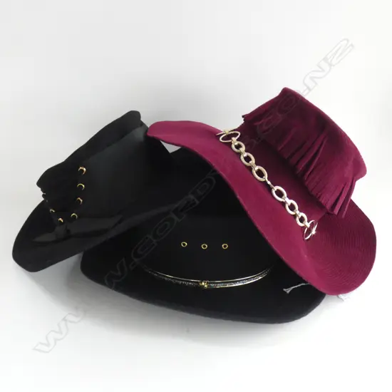 3 ASST LADIES HATS; BLACK & MAROON FELT & BLACK TEXAN SUMMIT HAT W FANCY BAND