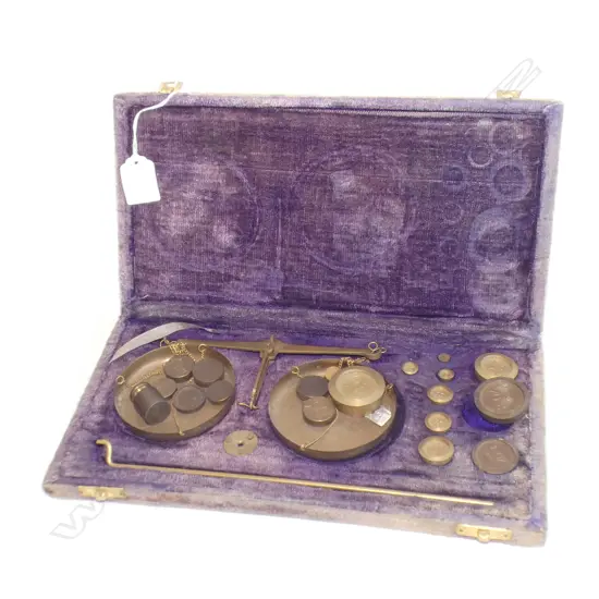 VINTAGE BRASS SCALE w. WEIGHTS IN PURPLE VELVET CASE