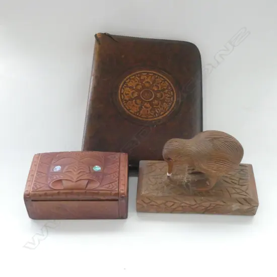 CARVED WOODEN NZ MAORI BOX WITH TIKI (L140MM), CARVED KIWI  & LEATHER BOUND TOOLED COMPENDIUM