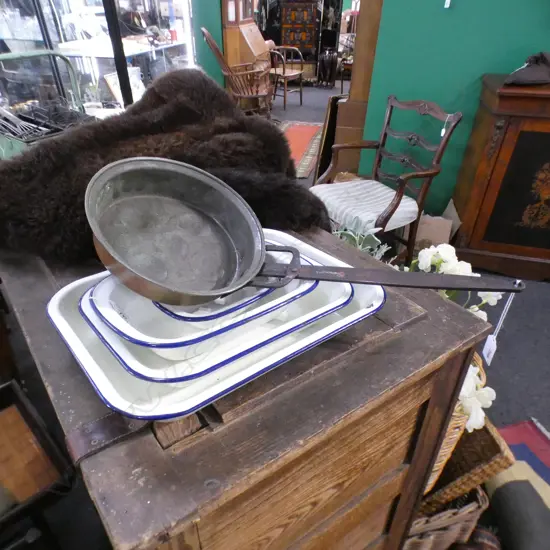 4 GRADUATING ENAMEL WARE TRAYS + COPPER PAN