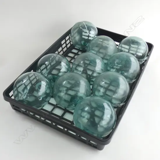 TRAY OF 10 OLD GLASS FISHING FLOATS MED/SMALL SIZE Dia.120mm