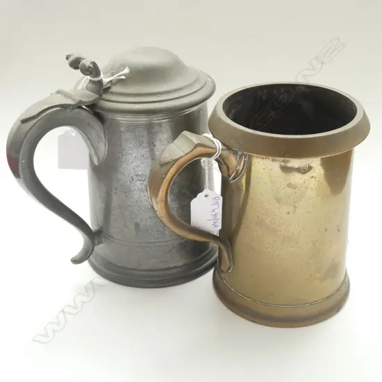 VICTORIAN BRASS QUART MUG & PEWTER TANKARD