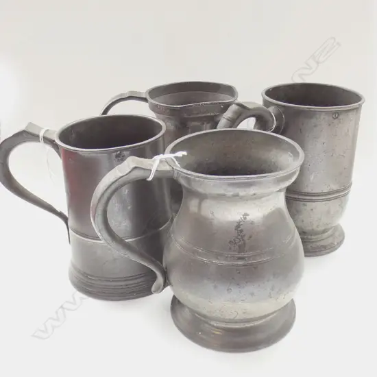 4 VICTORIAN PEWTER QUART MUGS; BALUSTER & STRAIGHT SIDED