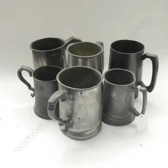 6 ASST. ANTIQUE PEWTER TANKARDS; 1/2 PINT / 1 PINT