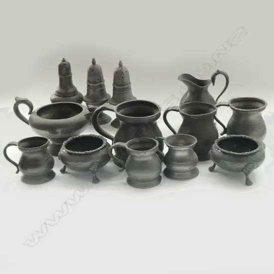 13 PCES ASST. ANTIQUE PEWTER SMALL TANKARDS, PEPPERETTES, SALTS ETC