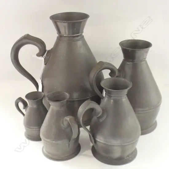 SET OF 5 GRADUATED IRISH ANTIQUE PEWTER MEASURES H.190mm 
