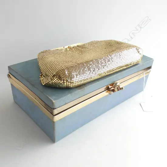 VINTAGE OROTON GOLD GLOMESH CLUTCH / SHOULDER BAG + OLD ELIZABETH ARDEN BOX 