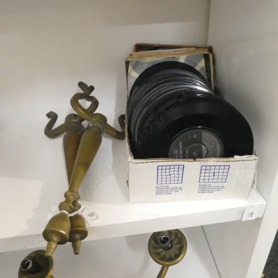 BOX LOT  45s RECORDS + PR BRASS FIRE DOGS