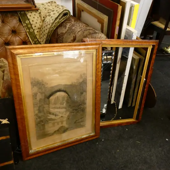 2 LARGE BIRDS EYE MAPLE FRAMES, 1 w. PENCIL BRIDGE DRAWING 590x450mm
