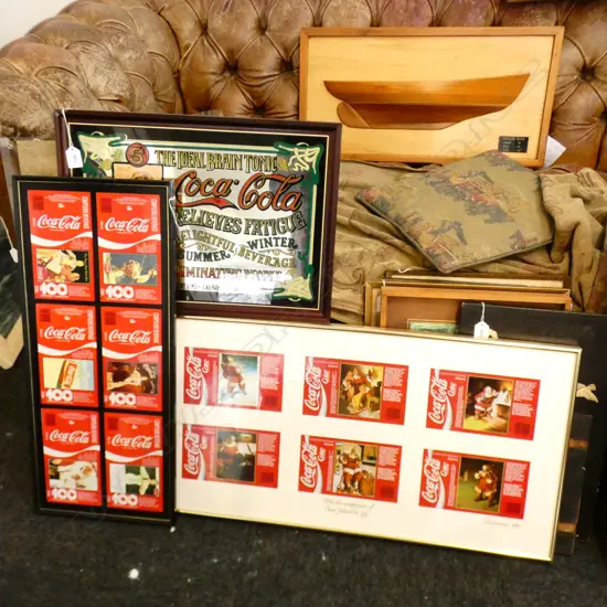 3 PCES COCA COLA MEMORABILIA; 2 FRAMED BOTTLE WRAPS + MIRROR 310x450mm