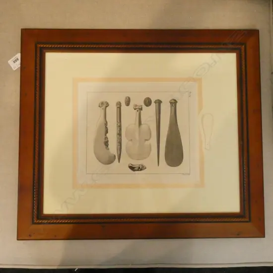 FRAMED ANTIQUE ENGRAVING; MAORI WEAPONS 195x235mm