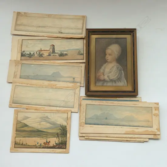 9 SMALL EUROPEAN W/COLORS ON CARD PLUS WATERCOLOR OF CHILD (INITIALLED)