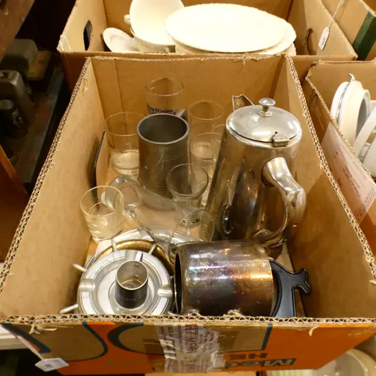 BOX LOT ASST. ITEMS RELATING TO SHIPPING; GLASSES, EP ETC